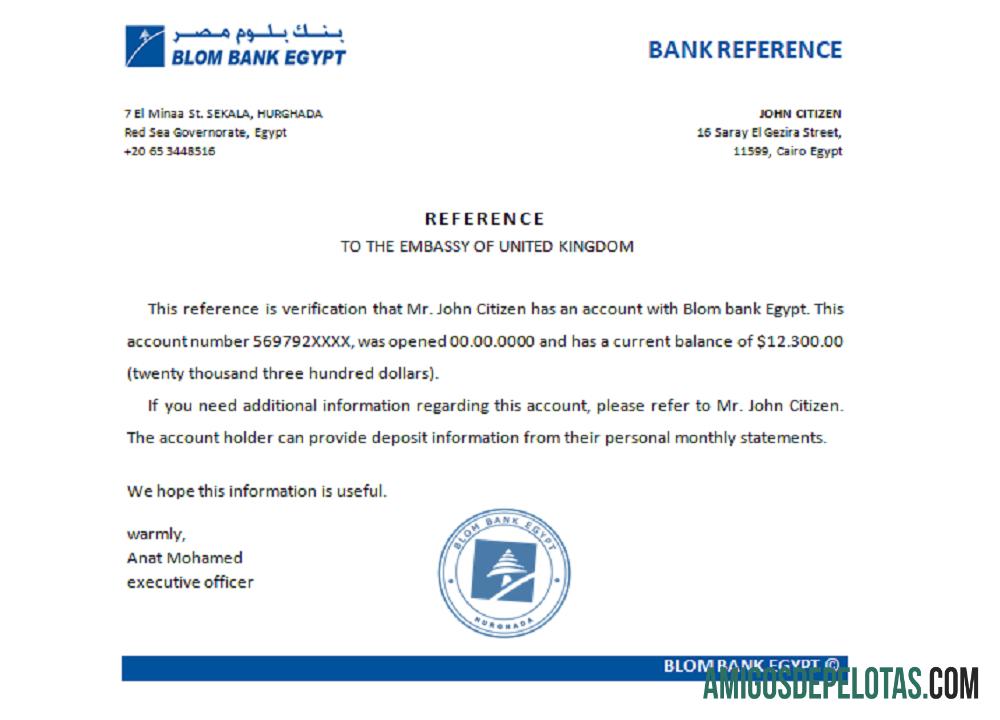 Referência do Banco Blom do Egito amostra